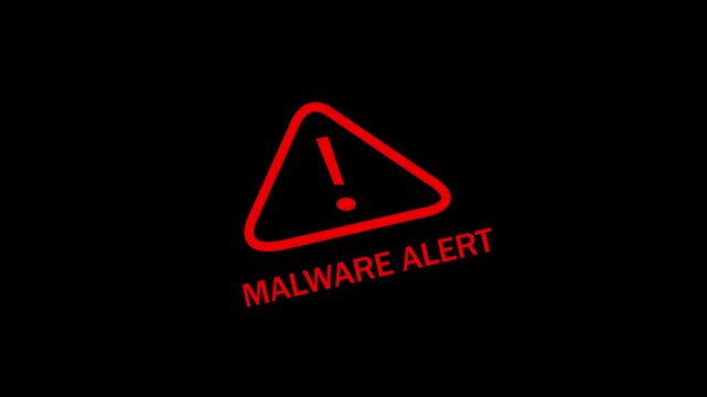 Animated malware alert warning sign flashing red and white for cybersecurity threat notification and digital data protection system security concept on a clean minimalist black background screen