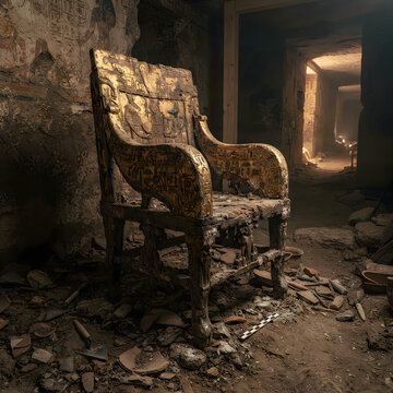 Ancient gilded royal throne discovered in underground archaeological excavation site with archaeology excavation artifact underground discovery furniture