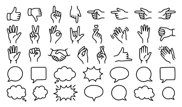 Hand Gesture and Speech Bubble Outline Icon Collection for Communication and Conversation Vector Set