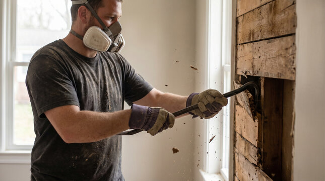 Man Wearing Respirator Mask Demolishing Wooden Wall with Crowbar