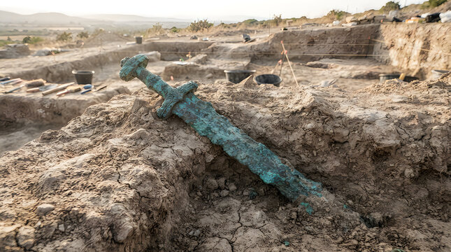 Ancient bronze sword half buried in soil at archaeological excavation trench with archaeology excavation artifact discovery research civilization historical