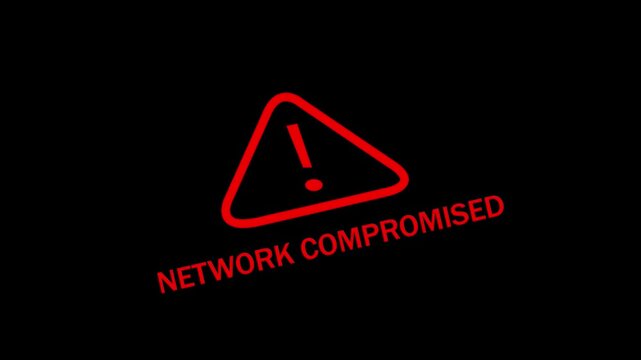 Animated network compromised warning sign flashing red alert for cybersecurity breach notification and digital data protection security concepts on a black background, for tech presentations