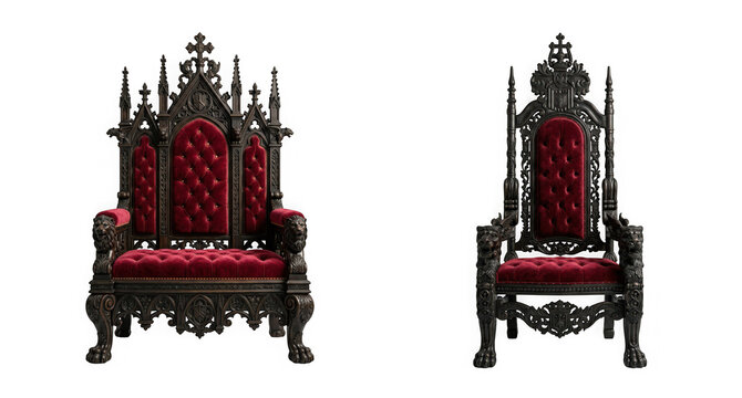Two luxurious gothic thrones with red velvet upholstery isolated on transparent background
