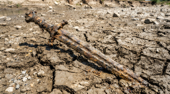 Corroded ancient metal sword found embedded in cracked dry earth with archaeology corrosion artifact discovery excavation civilization oxidation heritage