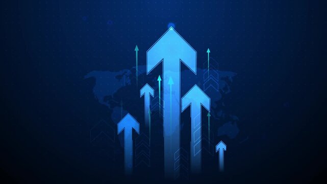 Abstract business growth concept with rising arrows over a world map background animation, Rising arrow progress success and global financial increase.