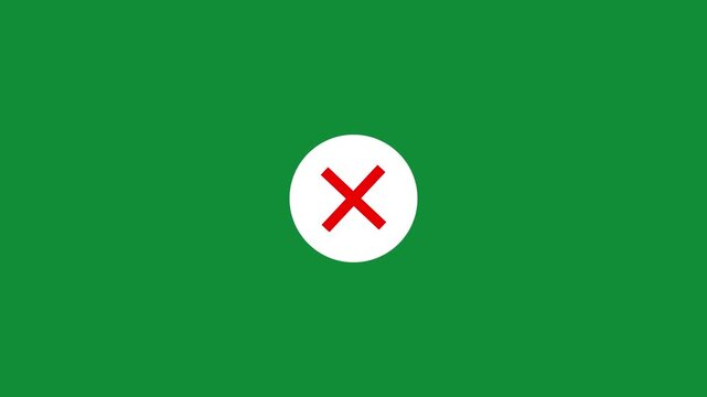 Animated red x mark inside a white circle on a vibrant green screen background, for easy chroma, key compositing and, overlay editing in, motion projects and, digital user interfaces