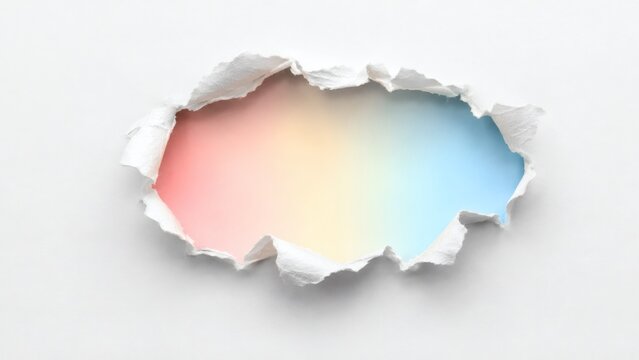 Oval hole torn in white paper revealing a soft rainbow gradient background with gradient background revealing abstract