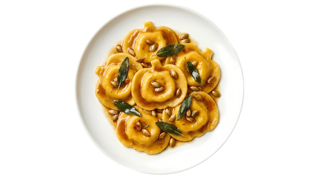 Pumpkin shaped ravioli with pumpkin seeds and sage leaves on white plate food photography.