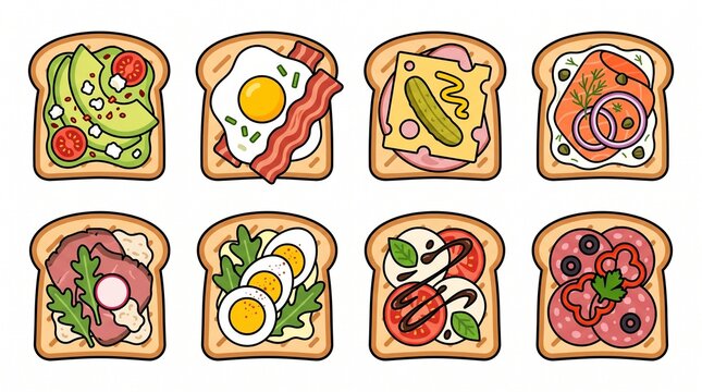 Set of eight cartoon toast slices with various toppings like avocado, fried egg, bacon, cheese, salmon, boiled eggs, tomato, mozzarella, and salami slices