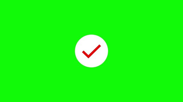 Animated red checkmark symbol inside a white circle isolated on a bright green screen background, for easy chroma, key compositing and, motion integration in, digital media projects