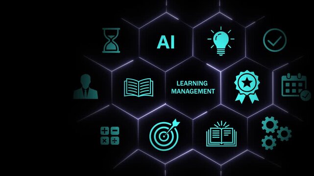 Advanced learning management system infographic with ai integration and digital education featuring hexagonal network connectivity for corporate training, e-learning platforms, and modern business