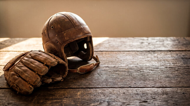 Vintage Sports Memorabilia Collection with Retro Leather Helmet and Baseball Glove
