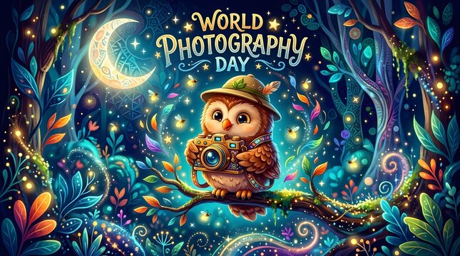 Cute owl photographer holding a camera in a magical enchanted forest at night for world photography day