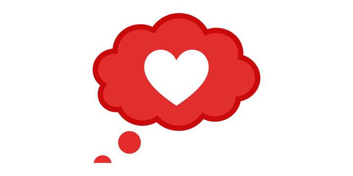 Red cloud thought bubble with heart shape inside on transparent background.