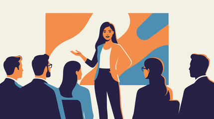 Obraz premium Professional woman presenting to diverse business team in a modern office setting, illustrating effective communication, leadership, and corporate training.