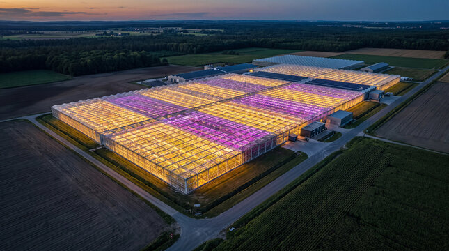 Aerial view of a massive modern greenhouse complex at twilight. The glass structures glow from within with warm yellow and purple LED grow lights against the dark fields.