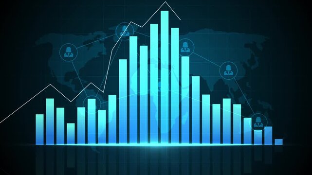Business chart with bars and line graph over a world map background animation, Business growth analytics and global data