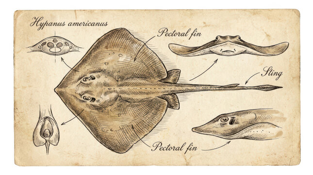 Vintage scientific illustration of a stingray, hypanus americanus isolated on transparent background
