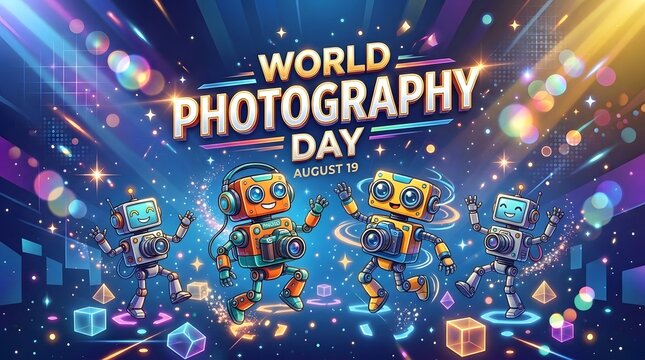 World photography day celebration graphic with stylized camera characters and vibrant neon lighting effects on dark background