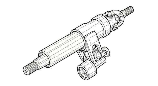 Perspective line art sketch of a mechanical steering column shaft with universal joints.