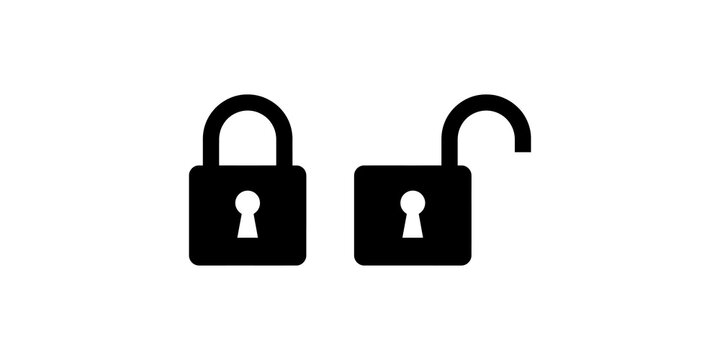 Locked and unlocked security padlocks on transparent background.