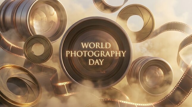 World photography day celebration background with vintage camera lens elements and golden light effects for creative projects