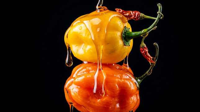 Yellow and orange habanero peppers coated in sticky sweet honey syrup