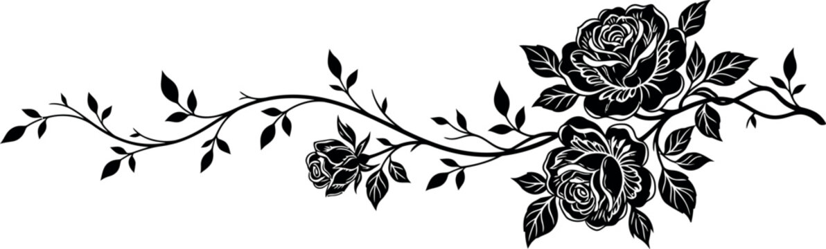 An Elegant Horizontal Black And White Vector Illustration Featuring Detailed Blooming Roses On A Flowing Branch With Delicate Leaves Perfect For Decorative Design Or Tattoos