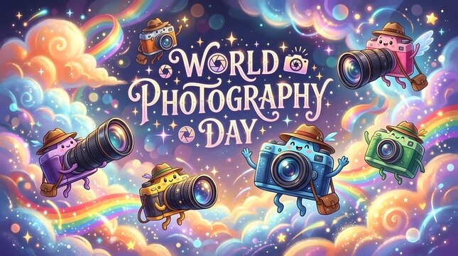 Whimsical illustration celebrating world photography day with colorful cameras floating among magical clouds and starry skies