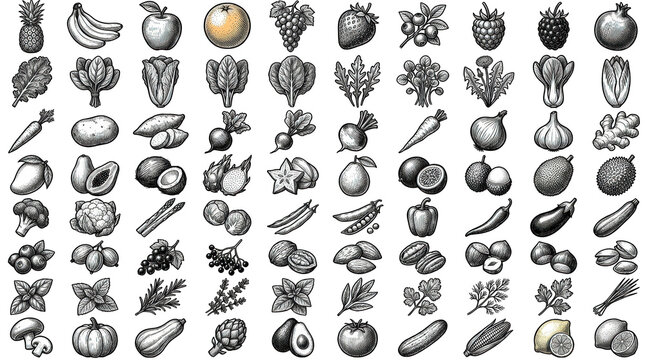 Set of hand drawn fruits, vegetables, nuts, berries and herbs isolated on transparent background