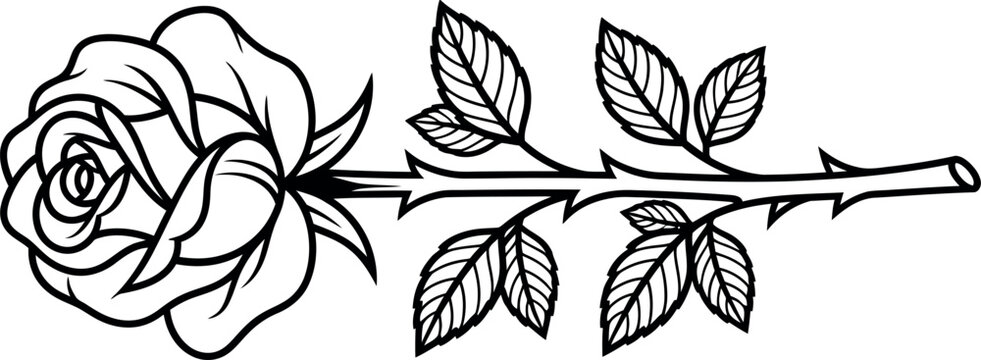 A high-quality black and white vector illustration of a single blooming rose flower with detailed leaves and sharp thorns.