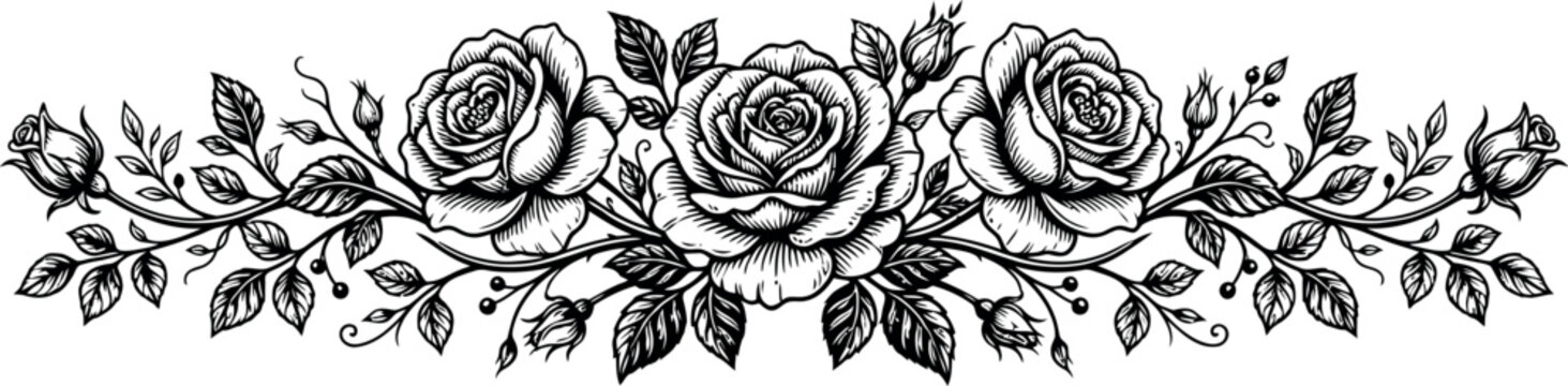 An elegant and intricate black and white floral border illustration featuring three full blooming roses surrounded by delicate leaves, winding vines, and tiny rose buds