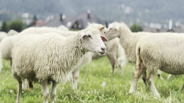 Flock of white sheep grazing in a green field with one sheep looking at the camera, soft rural background, peaceful farm scene in spring