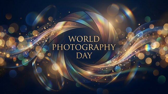 Abstract background with swirling colorful light bokeh and the text world photography day in the center