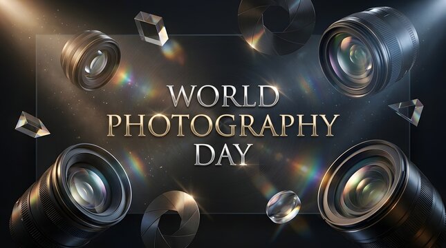 World photography day celebration background with professional camera lenses and dramatic lighting effects on dark backdrop