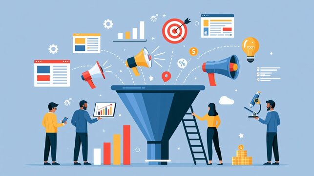 Digital Marketing Sales Funnel Concept With Team Members And Business Graphics On Blue Background
