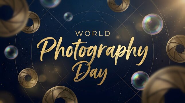 Elegant golden text design for world photography day celebration with abstract lens and camera aperture elements