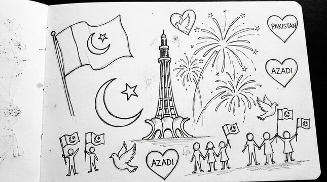 Patriotic sketch: Minar‑e‑Pakistan, flag, crescent star, fireworks, hearts with &ldquo;Pakistan Azadi,&rdquo; doves, stick figures waving flags &mdash; national pride celebration.
