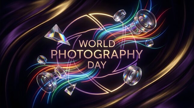 World photography day celebration graphic with glowing abstract light trails and digital camera lens elements on dark background