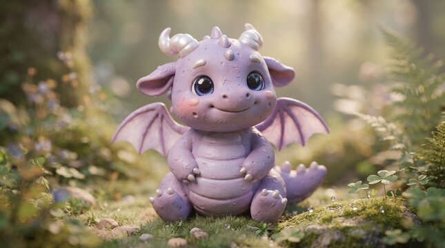 A cute, small purple dragon figurine with wings and horns, sitting on a mossy forest floor, soft natural lighting, bokeh background, 3d render