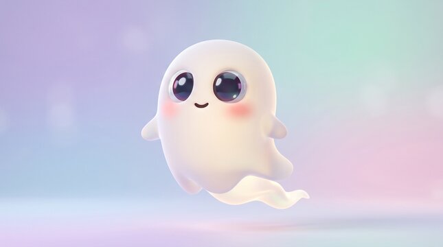 A cute, small white ghost figurine with large dark eyes and rosy cheeks, floating in the air, soft pastel bokeh background, 3d character render