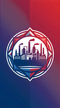 Industrial factory silhouette badge in circular frame with industrial silhouette circular building industry production manufacturing background