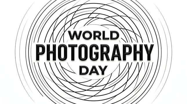 World photography day text design with a circular abstract lens aperture pattern on a white background