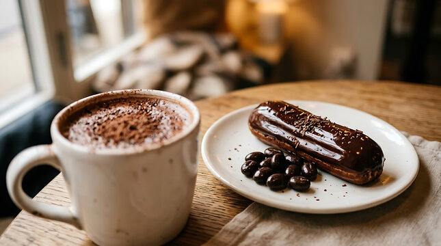 Fresh chocolate glazed eclair served with coffee chocolate breakfast beverage