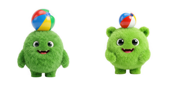 Cute fluffy green monster character with a beach ball on head isolated on transparent background