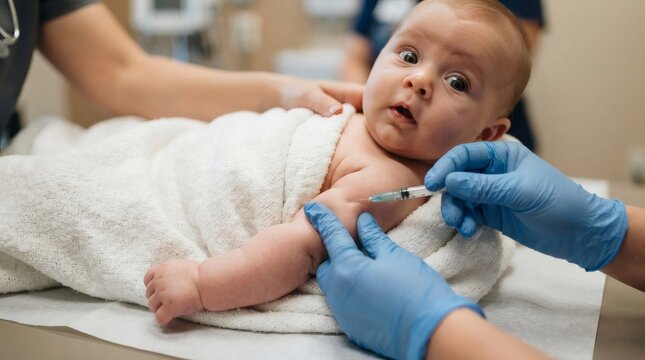 Pediatrician giving injection to baby in clinic. Nurse vaccinating infant. Medical procedure for child health. Professional care and immunization of newborn in hospital office setting.