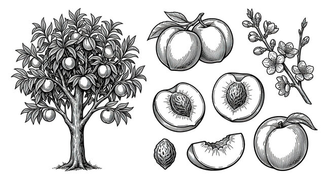 Peach tree and fruits illustration isolated on transparent background