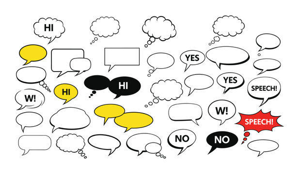 A collection of various hand drawn speech bubbles and thought balloons featuring simple words like hi yes no and wow on a clean white background