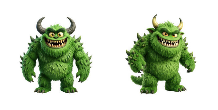 Set of two green furry monsters with horns isolated on transparent background