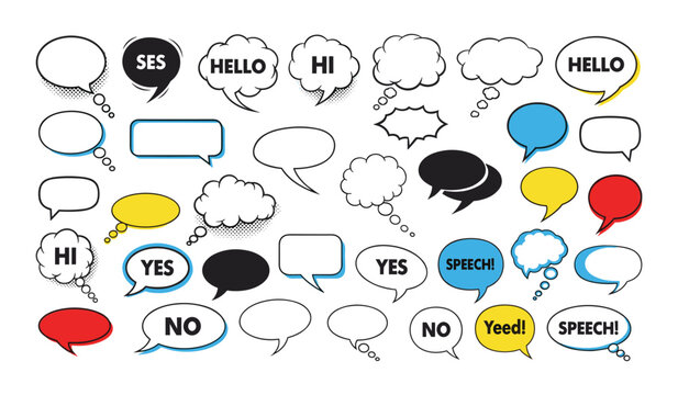 A large collection of hand drawn speech bubbles and thought clouds with various text expressions isolated on a clean white background for creative design